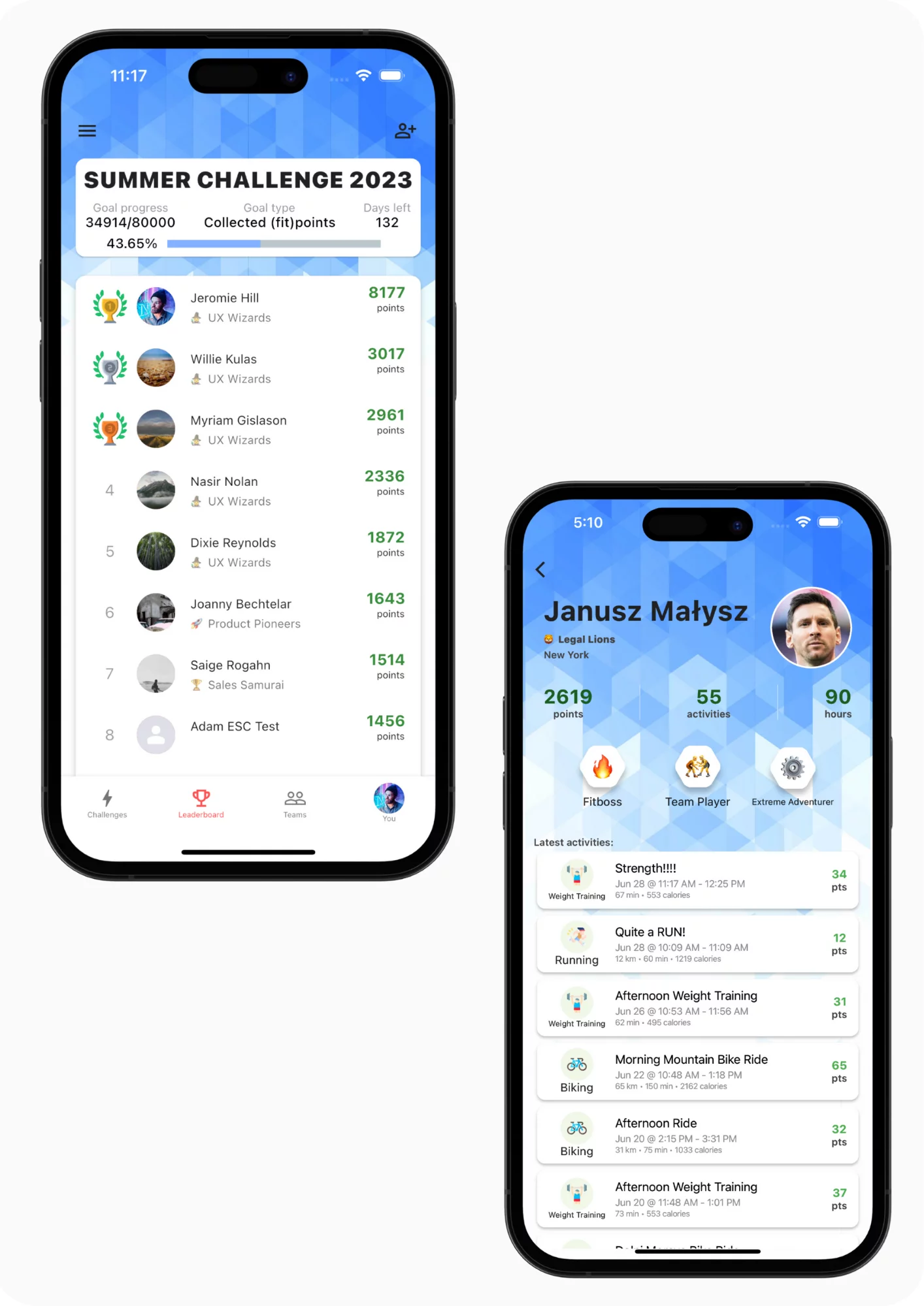 image showing leaderboard and user profile mobile app screens